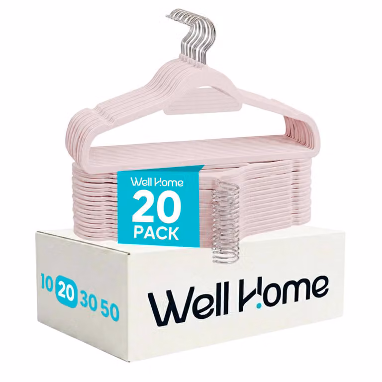 Pack de 20 perchas antideslizantes de terciopelo Wellhome en colores oro y rosa con gancho giratorio y barra para ahorrar espacio