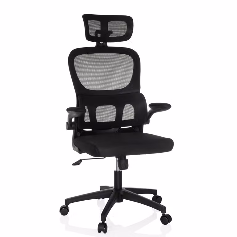 Silla de oficina ergonómica giratoria Mybuero con respaldo de malla y asiento de tela en color negro para home office