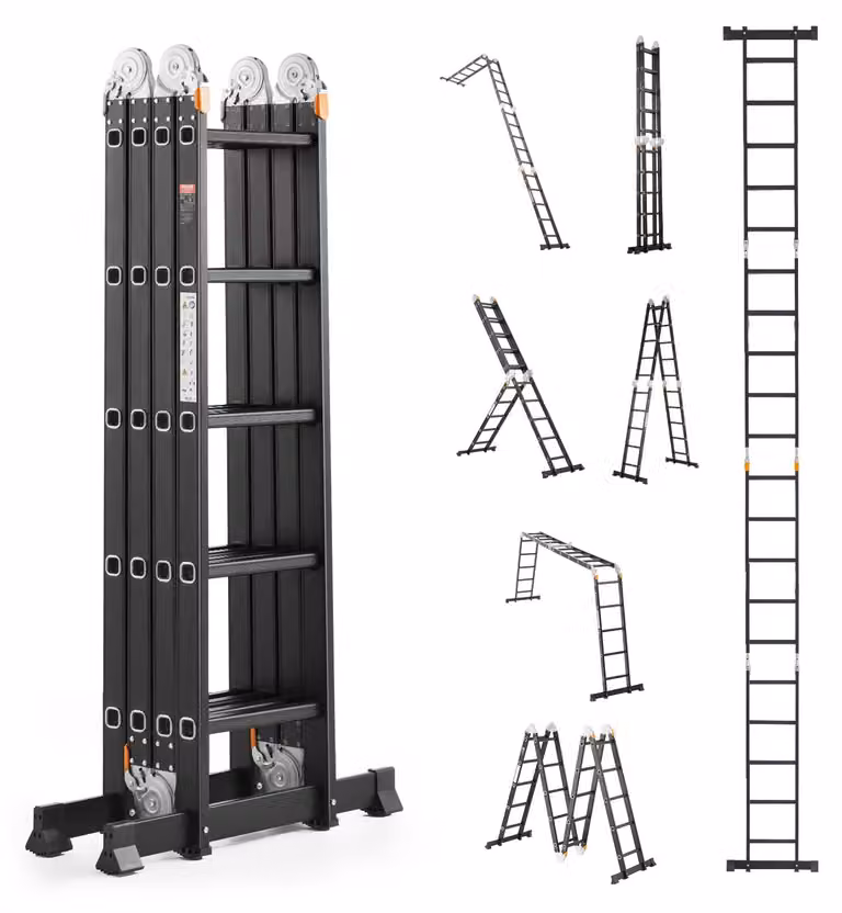 Escalera multifuncional 7 en 1 VEVOR en color negro con estructura en forma de A, Altura: 580 cm y capacidad de carga de 150 kg