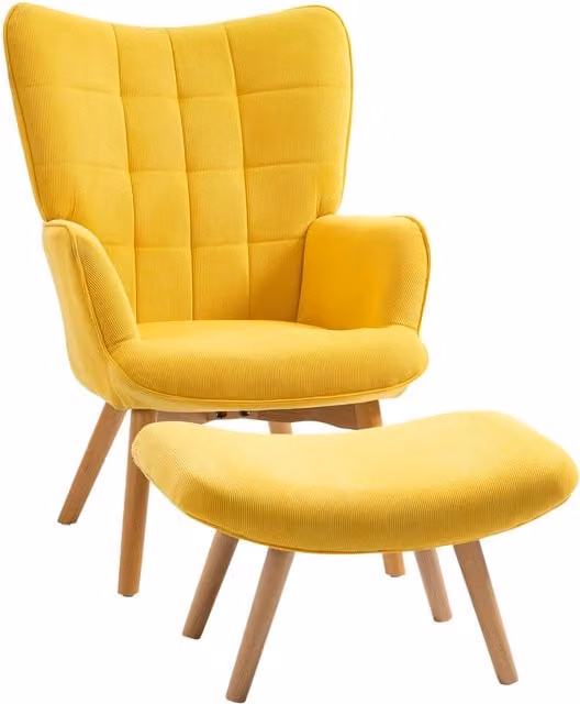 Sillón de orejas con reposapiés NORTHIX en corduroy amarillo y patas de madera