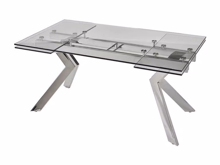 Mesa de comedor extensible VELIKA de VENTE-UNIQUE con sobre de cristal templado transparente y estructura de metal plateado, rectangular para 6 a 8 comensales, An/P/Al: 160 x 90 x 76 cm