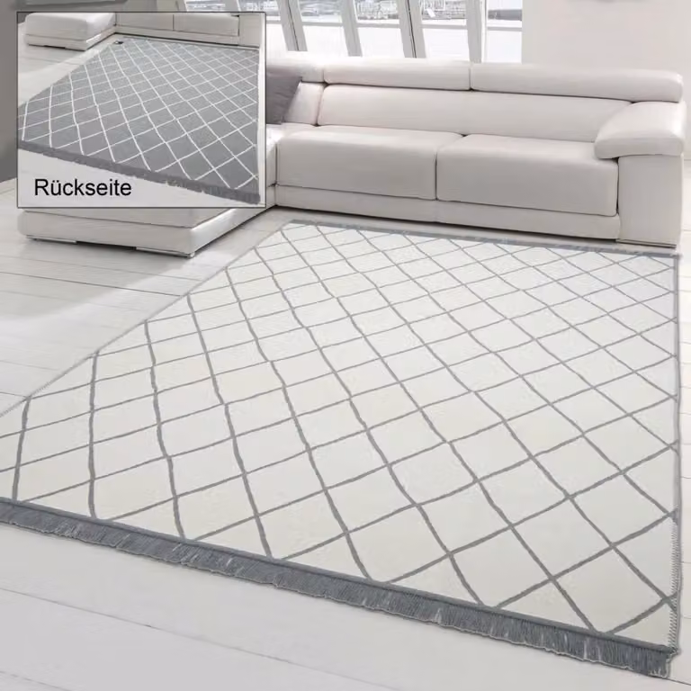 Alfombra reversible Teppich-Traum con diseño de diamantes para interior y exterior en gris, blanco y beige, An: 200 cm, Al: 290 cm
