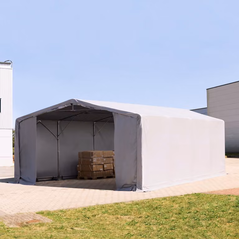 Carpa industrial TOOLPORT de 8 x 8 m con techo a dos aguas, color gris, estructura de acero galvanizado y cubierta de PVC, An/P/Al: 800 x 800 x 440 cm