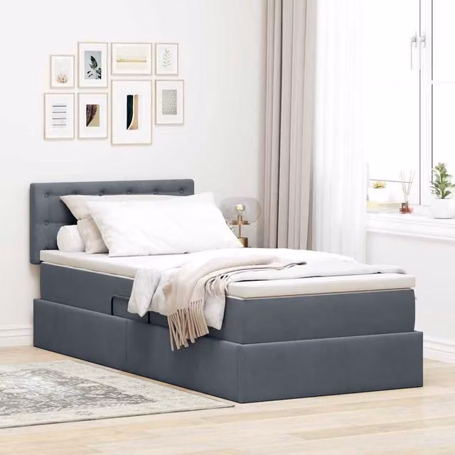 Cama de almacenamiento Maison Exclusive con colchón de muelles, iluminación LED, puerto de carga USB y base abatible en color gris, An/P/Al: 100 x 200 x 88 cm