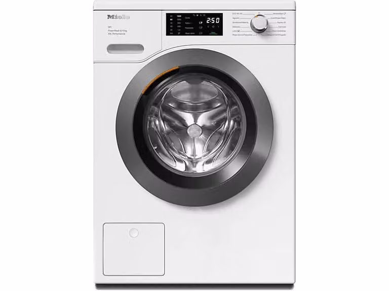 Lavadora de carga frontal Miele WCK360 WCS en color blanco, capacidad de 10 kg, 1400 rpm, con funciones QuickPowerWash, dosificación automática y control mediante app.
