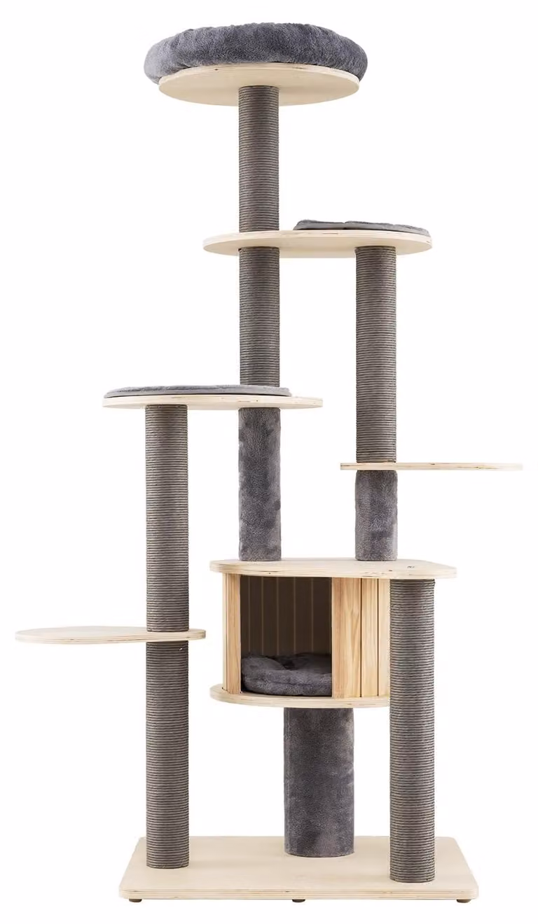 Rascador para gatos Northix con cueva y diseño moderno en color gris, An/P/Al: 58 x 58 x 197 cm