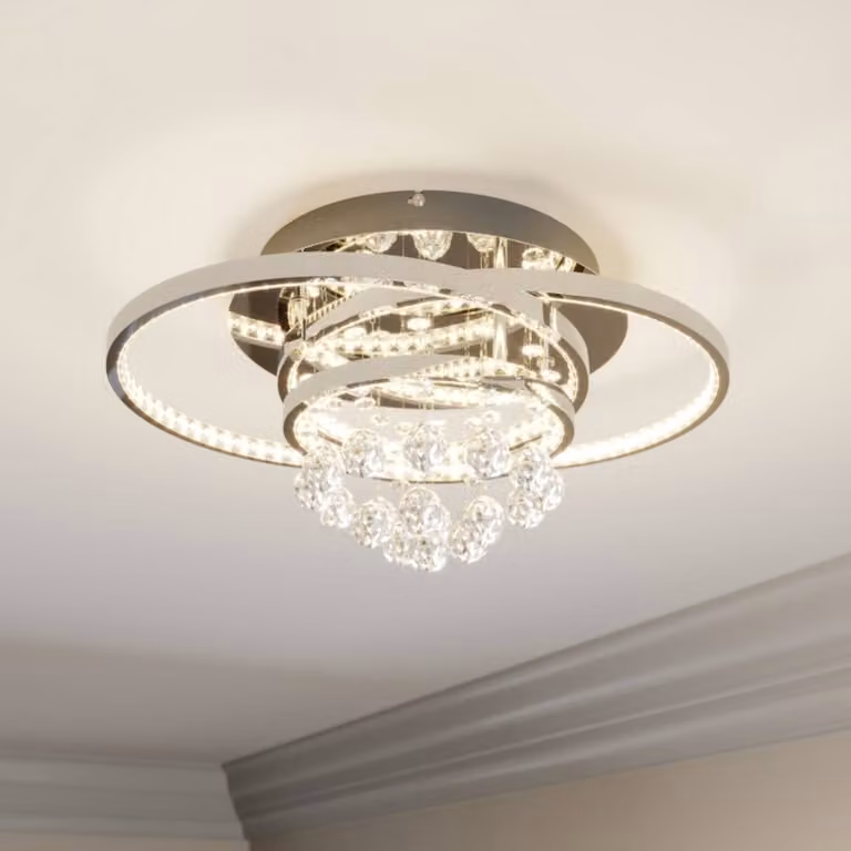 Lámpara de techo LED Keely Lucande de metal y cristal, atenuable, color cromo y plata para salón o comedor