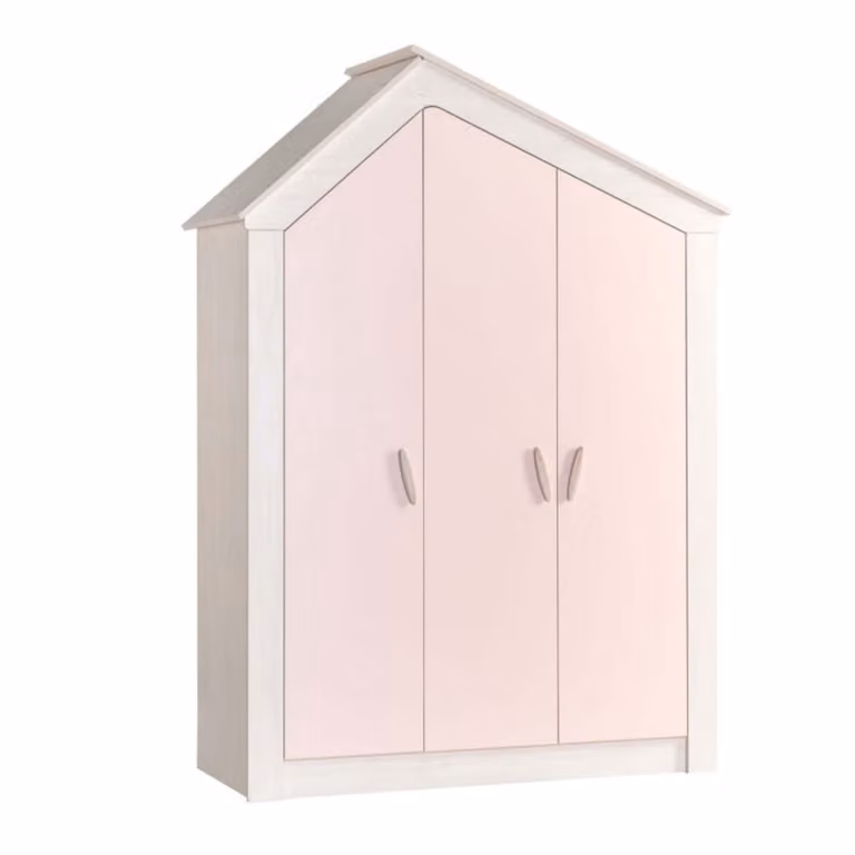Armario de 3 puertas MueMue para niños en color rosa con iluminación LED, acabado mate y estantes internos. Al x An x P: 207 x 150 x 58 cm