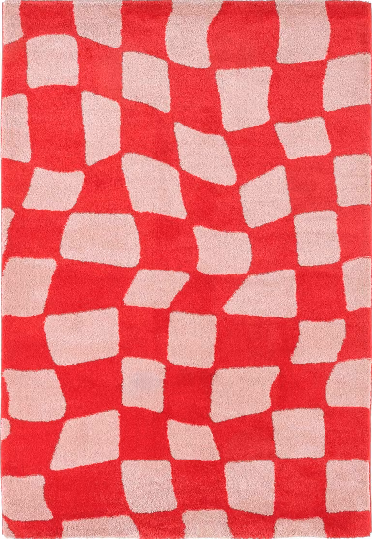 Alfombra Nazar de estilo damero retro años 70 en rojo y rosa, An: 120 cm, Al: 160 cm