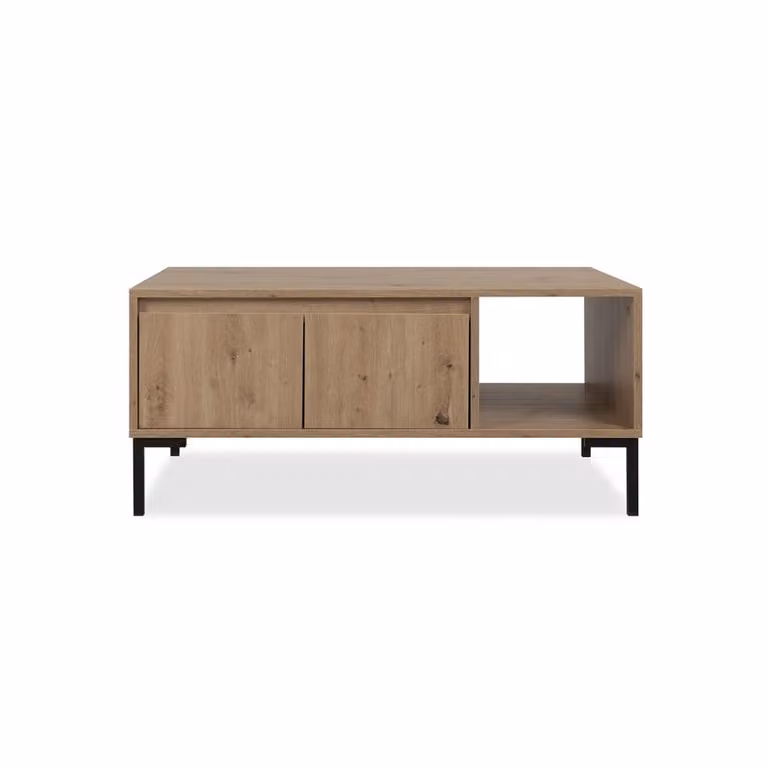 Mesa de centro moderna Calicosy de madera y metal en color roble con 2 puertas y 1 estante para tu salón