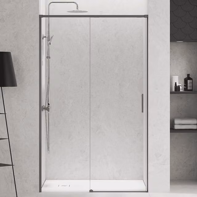 Mampara de ducha frontal BAÑO TOTAL con una puerta corredera y un panel fijo, vidrio transparente de 6 mm con tratamiento antical, acabado gun metal, An: 115 cm, Al: 195 cm