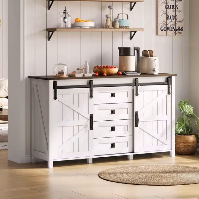Aparador REDOM de estilo rústico con puertas correderas y 4 cajones con cierre suave en color blanco para cocina, comedor o salón. An/P/Al: 137 x 42,75 x 81,5 cm