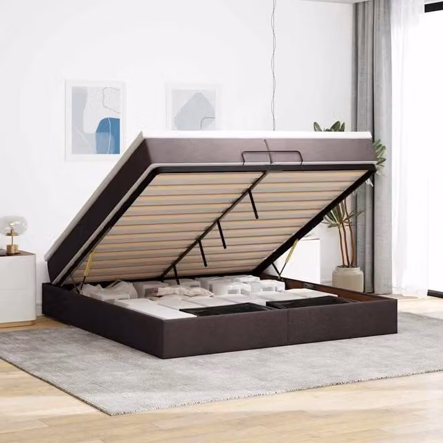 Estructura de cama otomana Maison Exclusive con base abatible en tela marrón y blanco, An/P/Al: 200 x 200 x 23.5 cm