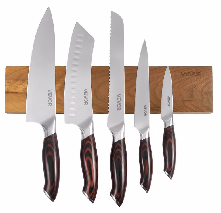 Juego de 6 cuchillos de cocina VEVOR de acero inoxidable con soporte magnético de madera color marrón y cuchillas plateadas