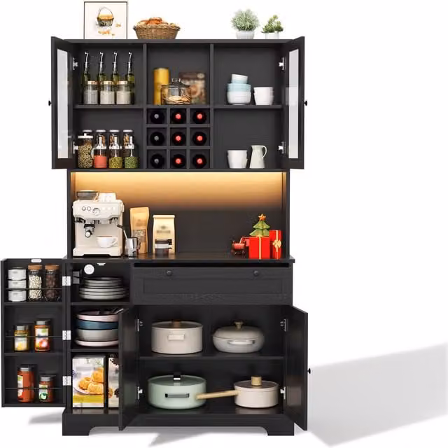 Aparador de cocina alto Stilvora en color negro con puertas de cristal, iluminación LED y estantes internos, An/P/Al: 105 x 40 x 180 cm