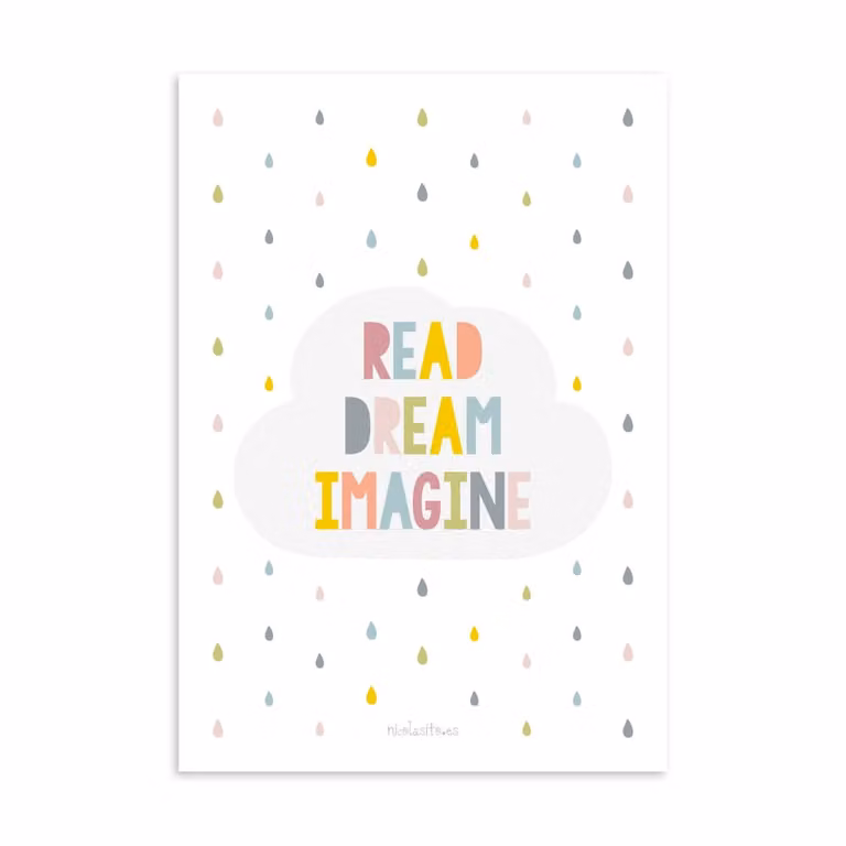 Póster de pared de papel Read, Dream, Imagine multicolor de Nicolasito, 21 x 30 cm