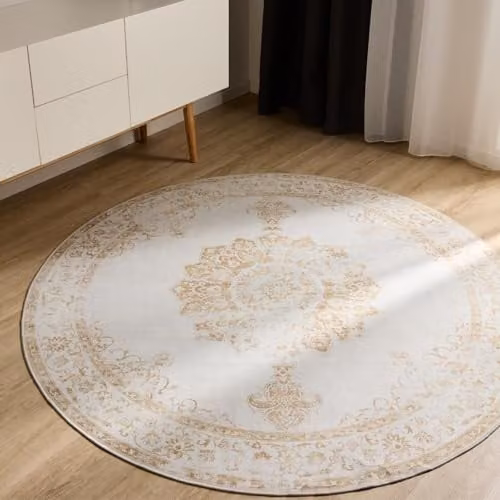 Alfombra redonda Benuta Basic George en crema y amarillo de 120 cm, diseño vintage abstracto y lavable para salón, comedor o dormitorio