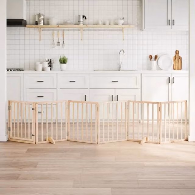 Puerta plegable para perros de 6 paneles de madera de álamo vidaXL de 300 cm en color marrón o beige