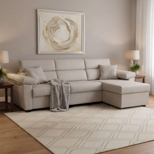 Sofá cama con chaise longue Priverno beige, desenfundable, impermeable y con contenedor, An/P/Al: 285 x 160 cm