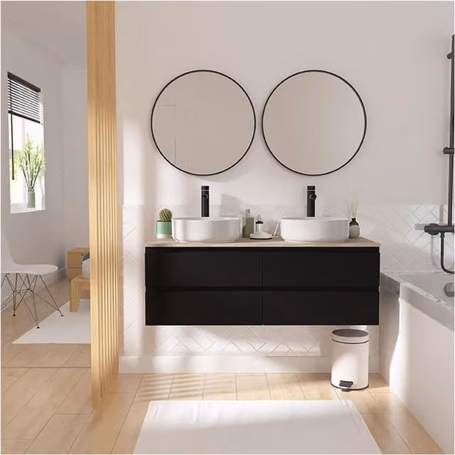 Juego de mueble de baño doble con lavabo, 2 espejos y 2 grifos Sorrento de Mob-In en color negro mate, An/P/Al: 120 x 45 x 64,79 cm