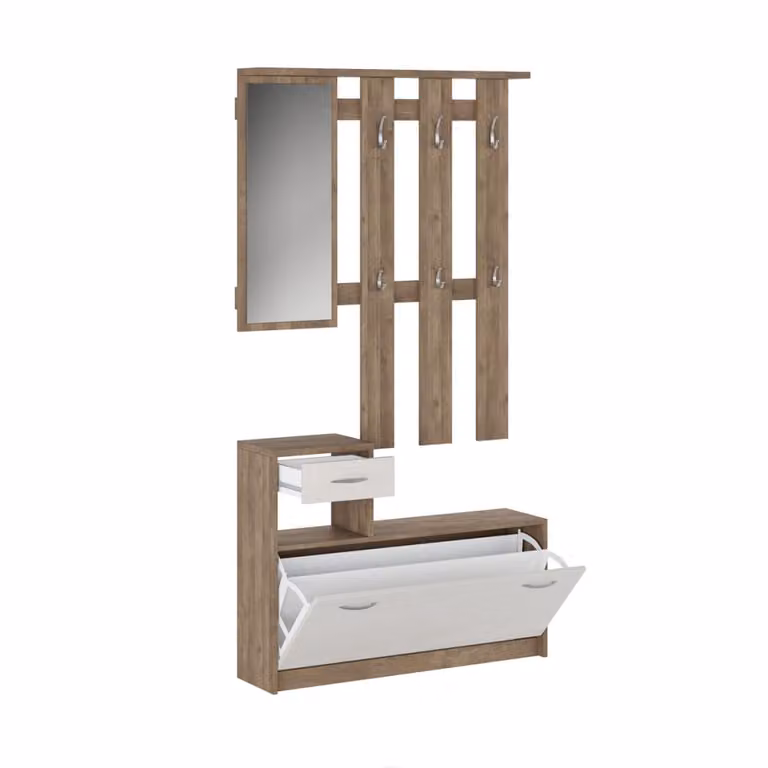 Mueble de entrada ORESTELUCHETTA con zapatero, perchero y espejo en color nogal y blanco, diseño moderno An/P/Al: 100 x 25 x 102 cm
