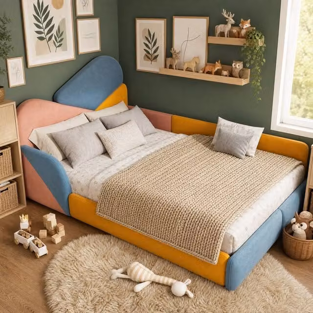 Cama tapizada STILVORA para adultos con diseño patchwork multicolor de estilo boho y cabecero de terciopelo, An/P/Al: 140 x 200 x 110 cm