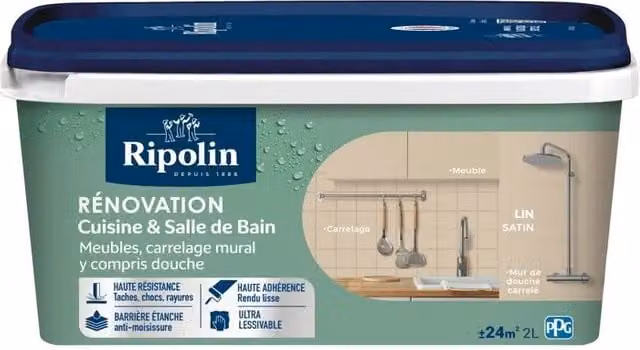 Pintura Ripolin para Renovación de Cocina y Baño, Acabado Satinado, Resistente al Moho, 2 l