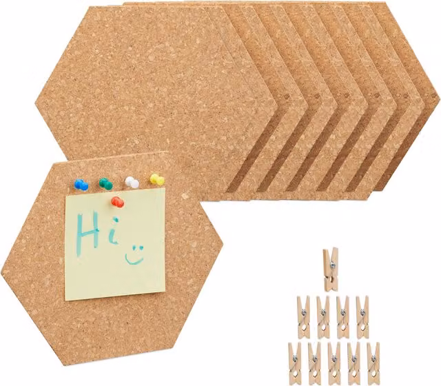 Set de 14 tableros de corcho hexagonales Relaxdays para pared, color beige y marrón, An/P/Al: 17,5 x 20 x 0,5 cm