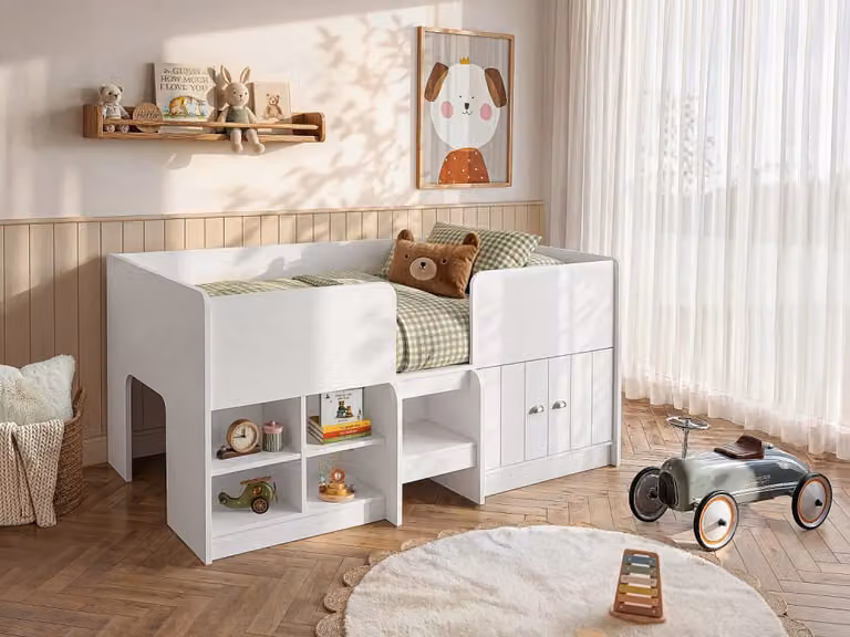 Cama de media altura para niños Vente-Unique con almacenamiento integrado y estantería en color blanco An/P/Al: 90 x 190 x 108 cm