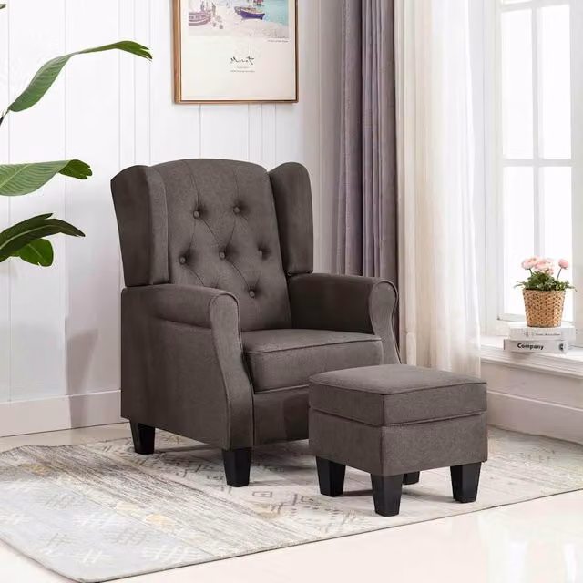 Sillón moderno con reposapiés integrado Vidaxl en tela gris taupe y estructura de madera sólida