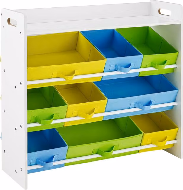 Estantería de juguetes Songmics con 9 cajones de tela extraíbles, organizador infantil de madera en color blanco y multicolor, An/P/Al: 82.5 x 26.5 x 26.5 cm