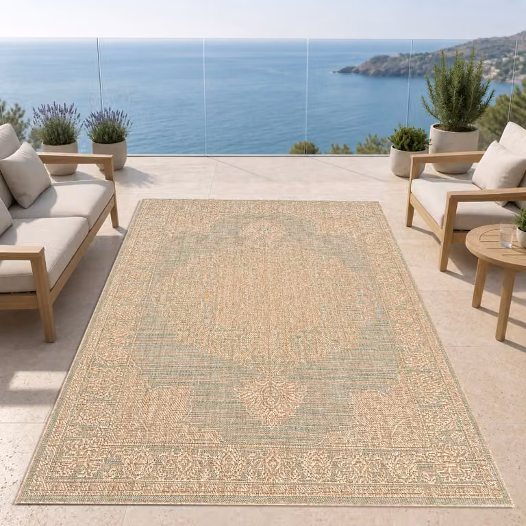 Alfombra redonda Teppich-Traum con diseño ornamental en verde y marrón, Diámetro: 120 cm