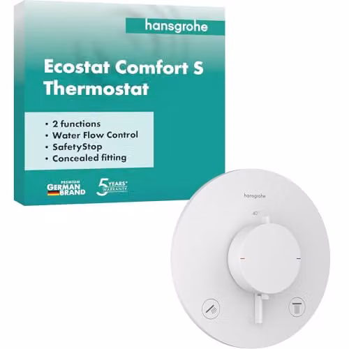 Termostato de ducha empotrado Hansgrohe Ecostat Comfort S con SafetyStop, monomando de 2 funciones, blanco mate