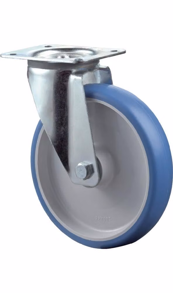 Rueda giratoria BS de poliuretano azul con placa de montaje, diámetro: 125 mm, capacidad de carga: 150 kg, placa de montaje: 104 x 80 mm - L400.B36.125