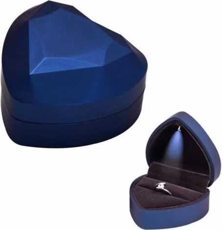 Caja de terciopelo en forma de corazón con luz LED para anillos y joyas ULISEM, color azul, An/P/Al: 7 x 6,5 x 4,5 cm