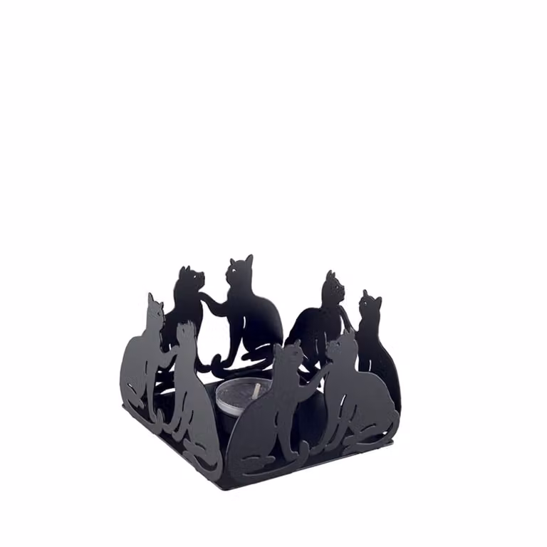 Portavela de gato moderno Aulica en color negro de metal para tealight An/P/Al: 10 x 10 x 7 cm