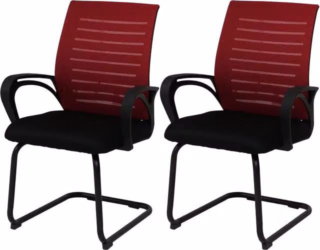 Juego de 2 sillas de comedor HHG-584 con reposabrazos, tapizadas en tela roja y estructura negra de estilo moderno