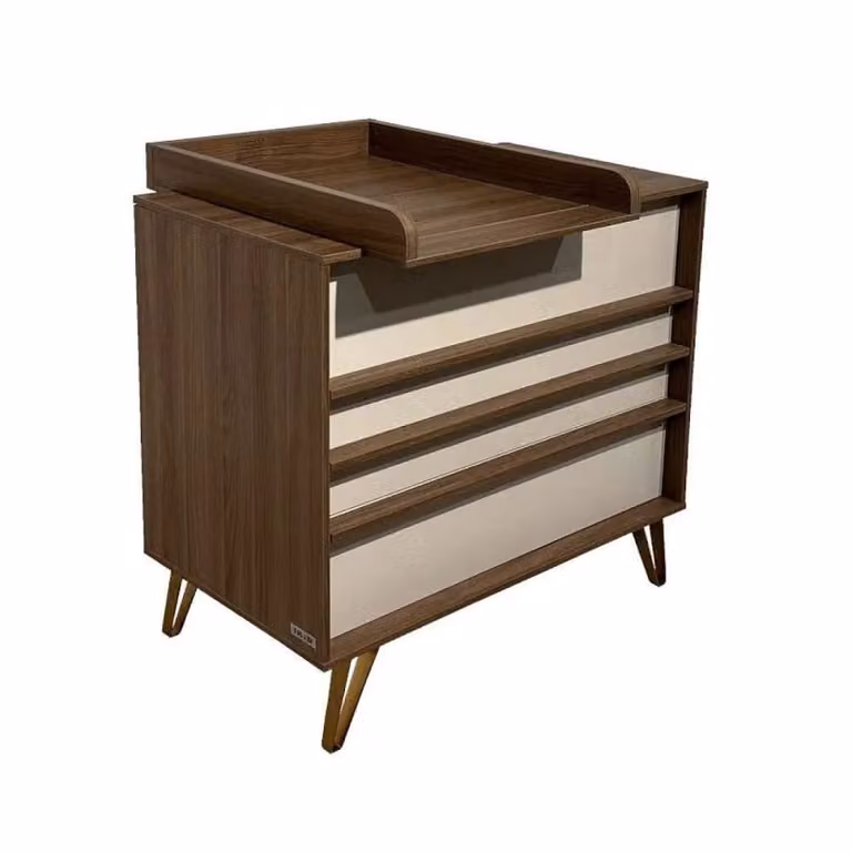 Cómoda cambiador ikid de 100 cm en color nogal con 3 cajones de cierre suave y estilo escandinavo para habitación infantil