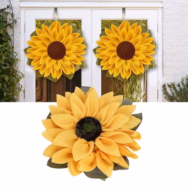 Corona de girasoles artificiales Infinite de color amarillo para decoración del hogar, Diámetro: 40 cm