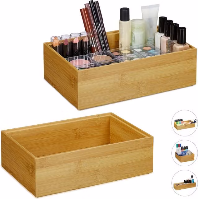 Set de 2 cajas organizadoras apilables de bambú relaxdays, color marrón, An/P/Al: 23 x 15 x 7 cm