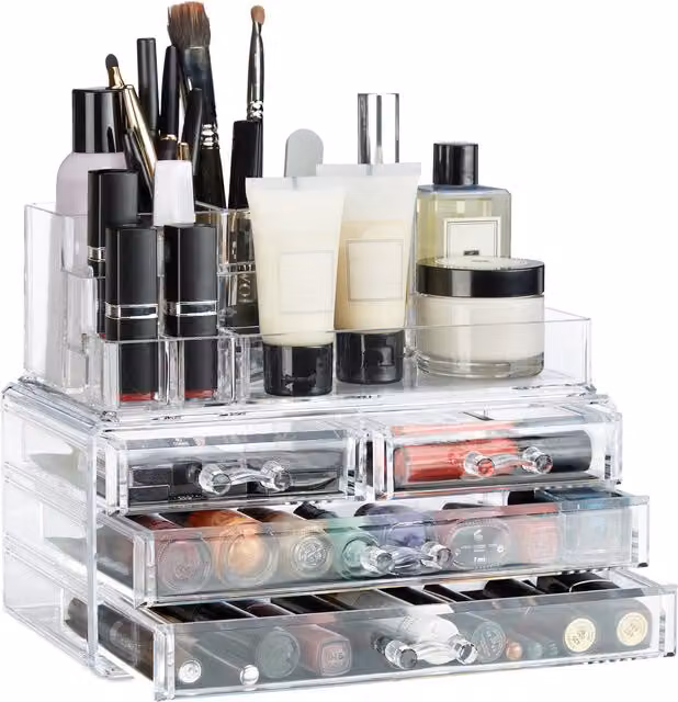 Set de 2 organizadores de maquillaje de acrílico Relaxdays, transparente y blanco, con 4 cajones y compartimentos, An/P/Al: 19 x 23,5 x 14 cm