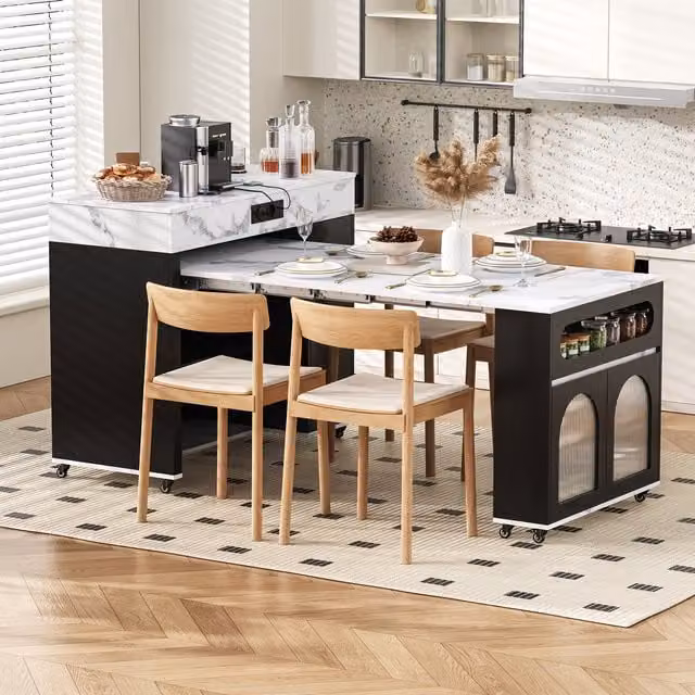 Isla de cocina extensible Kellany con ruedas, cristal templado y regleta, color negro, An/P/Al: 110,5 x 50 x 95,5 cm