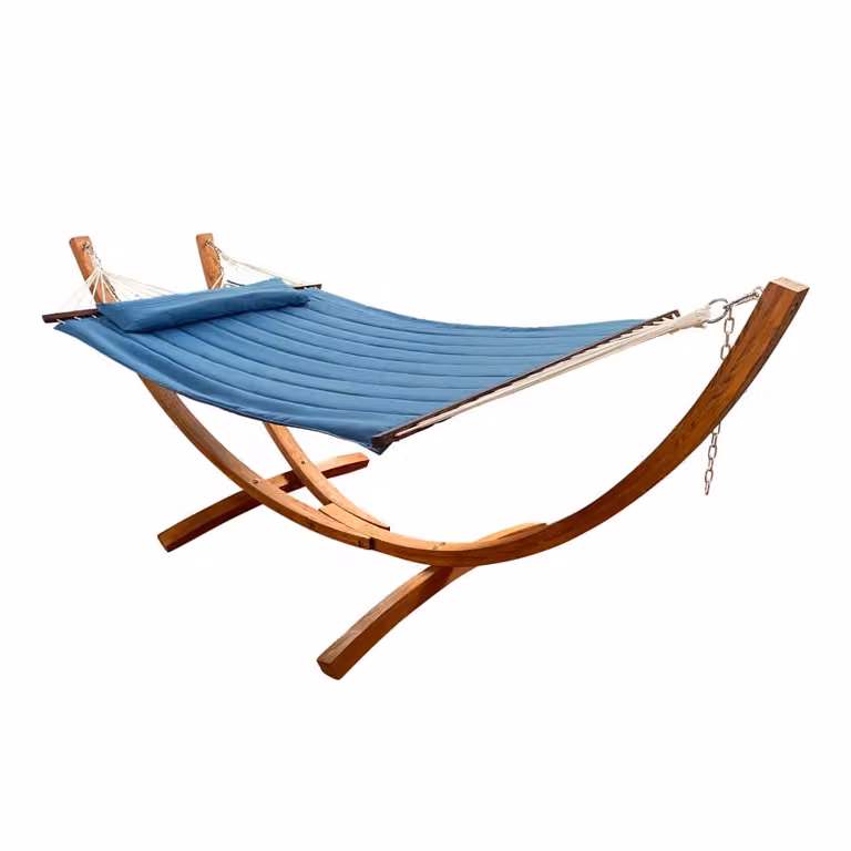 Hamaca Axi para 2 adultos con estructura de madera de alerce FSC y tela azul resistente a los rayos UV