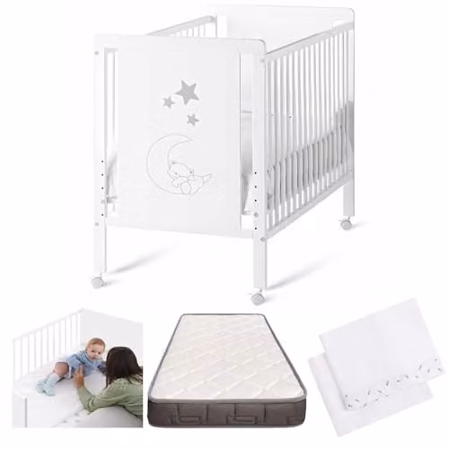 Cuna de colecho para bebé Indi CoolDreams en madera de haya lacada blanca con colchón Morfeo, sábanas y 4 ruedas, An/P/Al: 120 x 60 x 91 cm