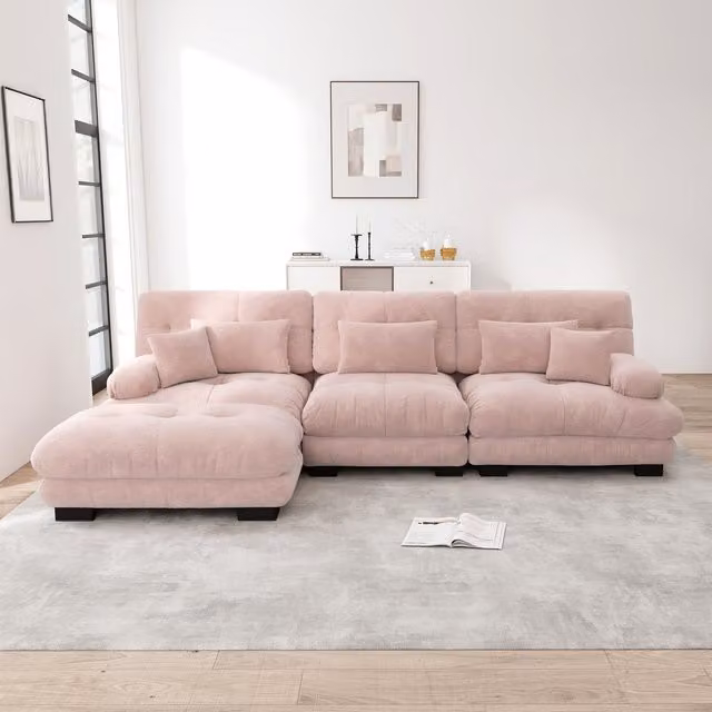 Sofá Esquinero Modular Kellany en Forma de L con Otomana, Sofá Cama Reversible de Pana y Chenilla en Color Rosa para tu Salón