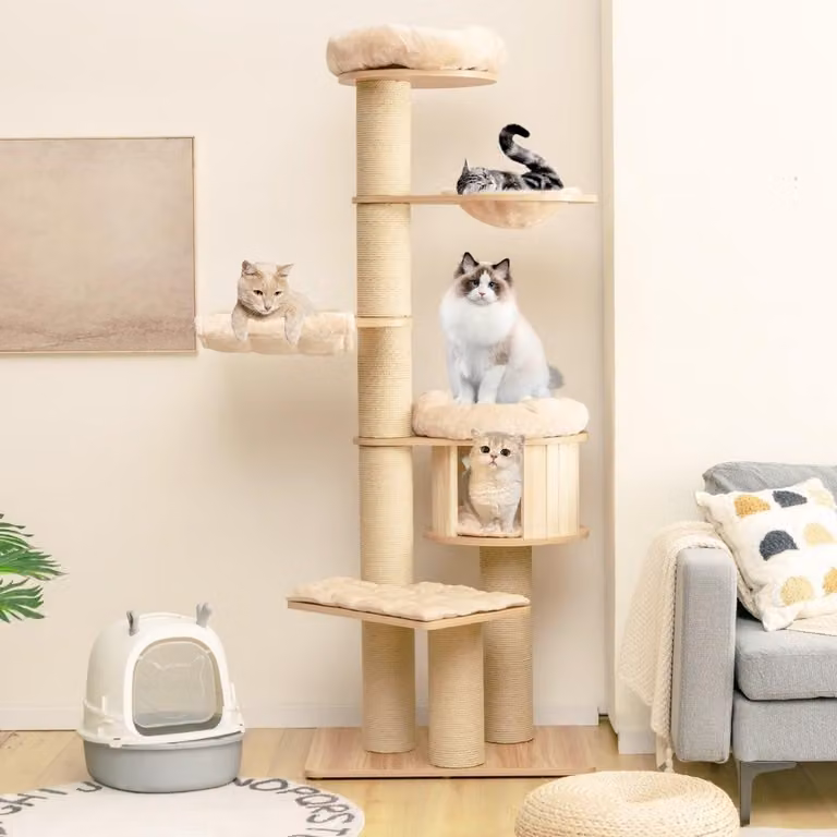 Árbol para gatos Northix de madera de pino color beige con hamaca y cueva, Altura: 191 cm