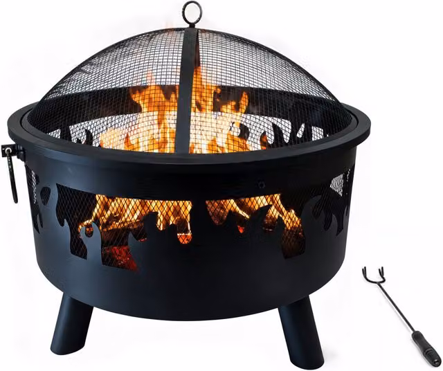 Brasero de acero Relaxdays con diseño de llamas, protector de chispas y atizador, color negro, Ø 64 cm