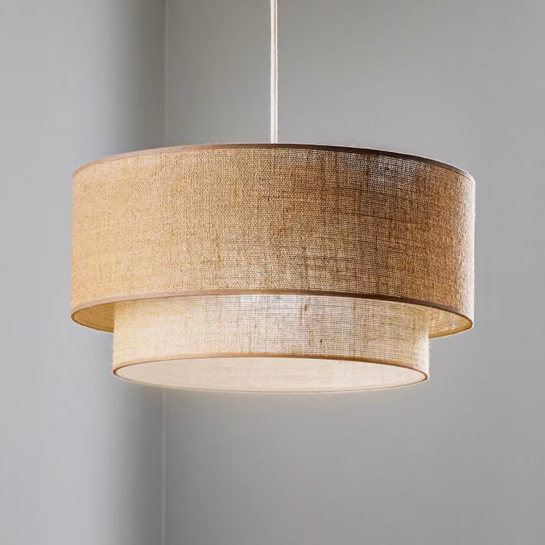 Lámpara colgante boho Duolla de ratán y tejido en color marrón y beige, regulable, ideal para salón o comedor