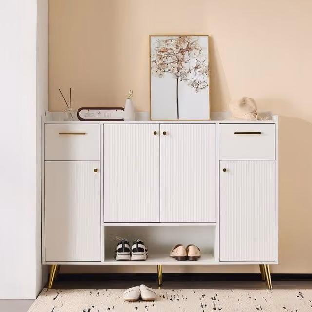 Zapatero DREAMMESPACE blanco con 4 puertas, 2 cajones y patas de metal, An/P/Al: 130 x 37 x 100 cm