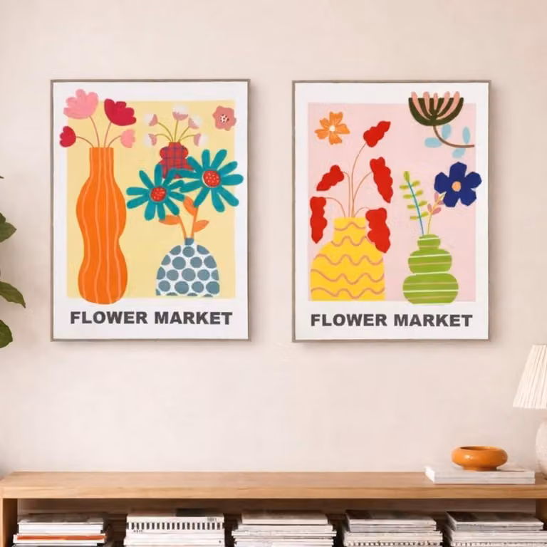 Juego de 2 cuadros Ornami con flores bordadas en textil multicolor y diseño botánico moderno, An/P/Al: 45 x 60 cm